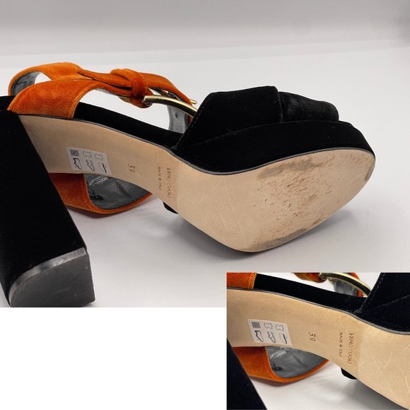 ALBERTO ZAGO VELVET 2-TONE PLATFORM SANDALS, CHUNKY HEELS, BLACK & ORANGE, SZ 39 - Picture 6 of 9
